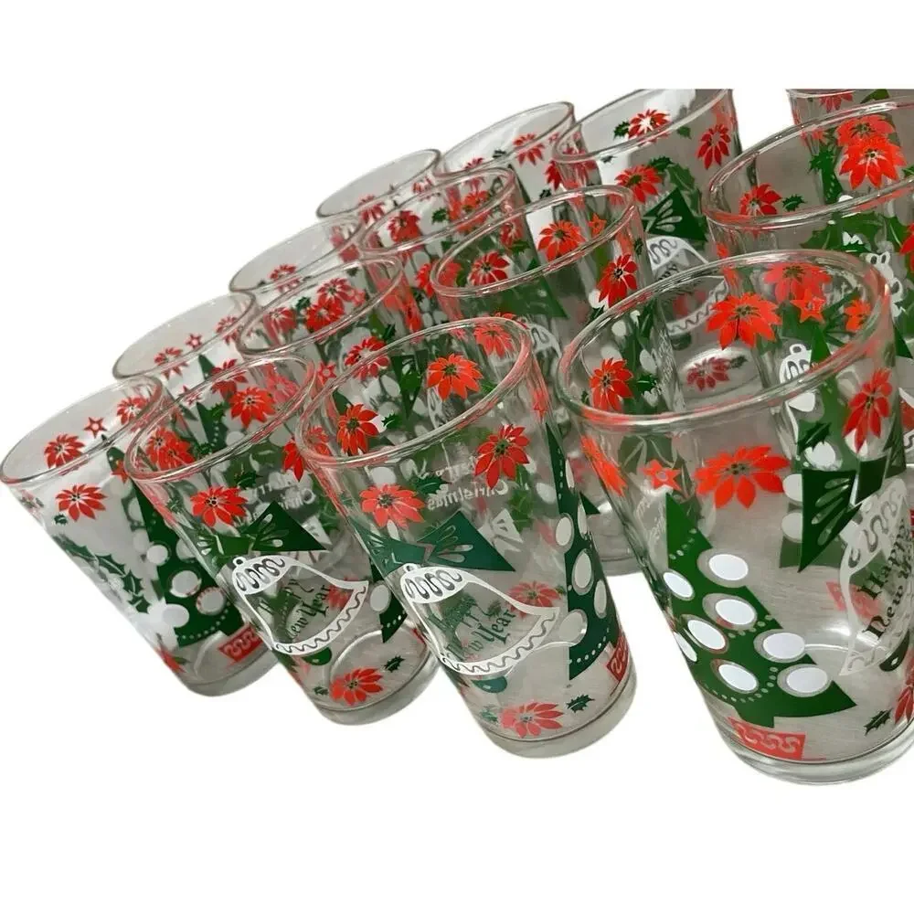 VINTAGE HAZEL ATLAS GLASSES SET OF 14 HOLIDAYS CHRISTMAS WREATH HOLLY BERRY RARE